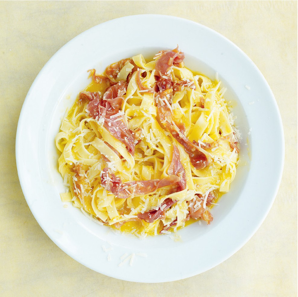 Tagliatelle Carbonara with Prosciutto from Around the World in 80